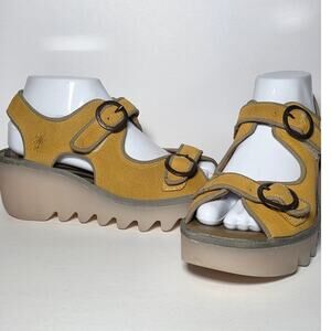 Fly London Bara Platform Wedge Sandal Honey/Tan Sz 8.5 39